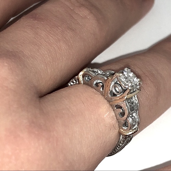 Solid 14K White Yellow Gold Natural Diamond Antique Engagement Ring - Picture 4 of 17